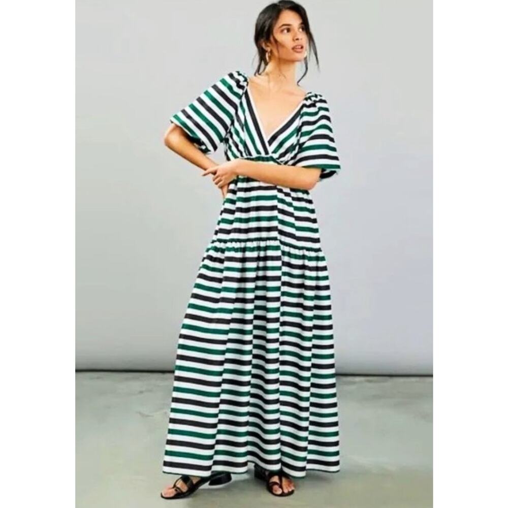 Delfi Collective Sirena Striped Tiered Blouse V Neck Satin Maxi Dress Small